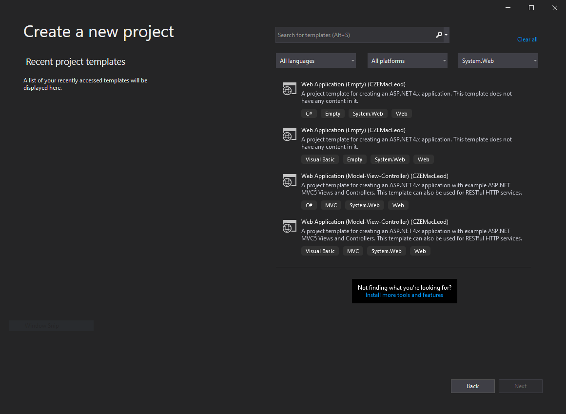 Visual Studio New Project Dialog