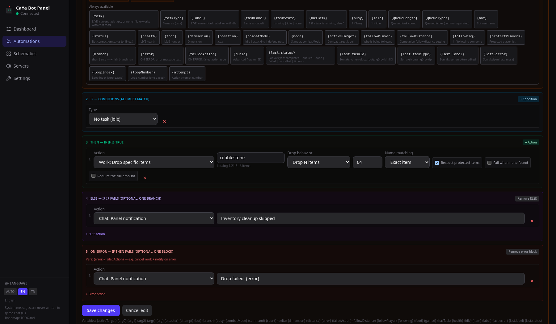 CaYa Bot Panel drop specific items automation