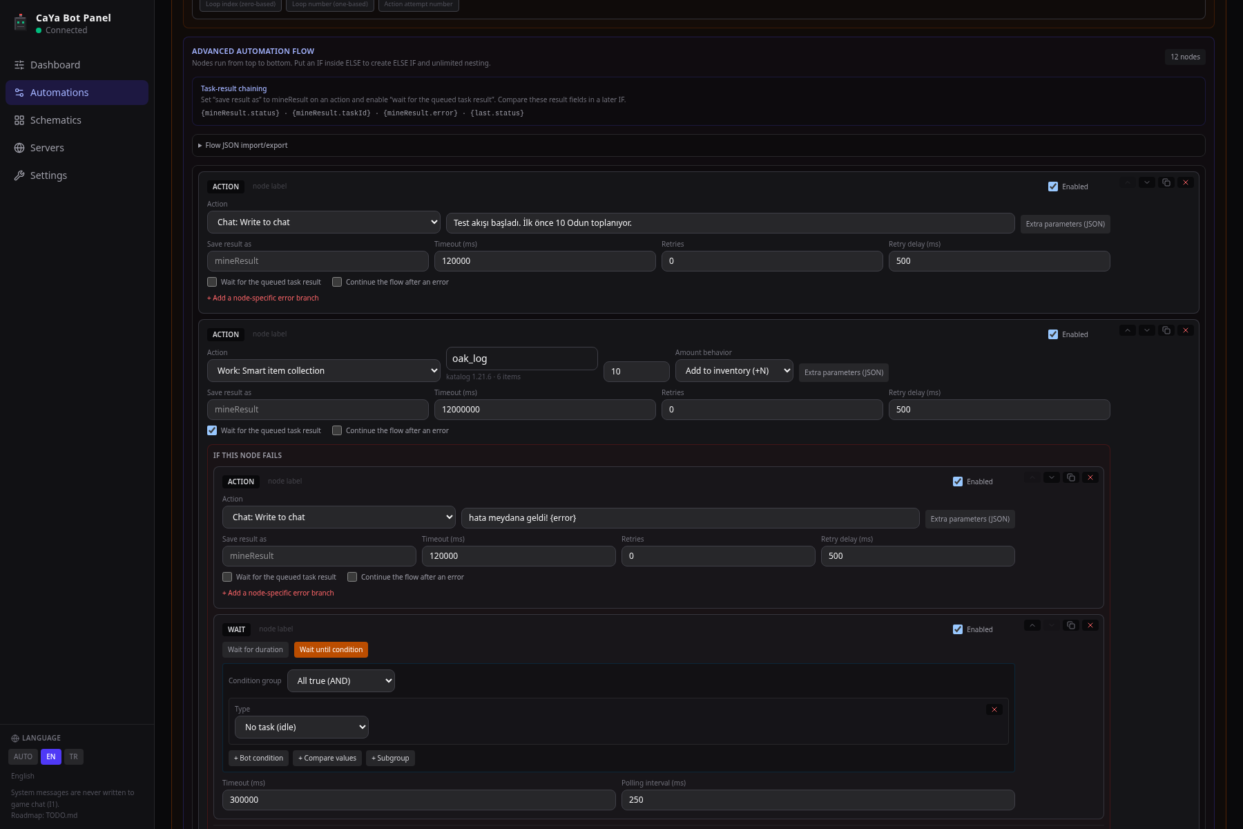 CaYa Bot Panel nested automation flow