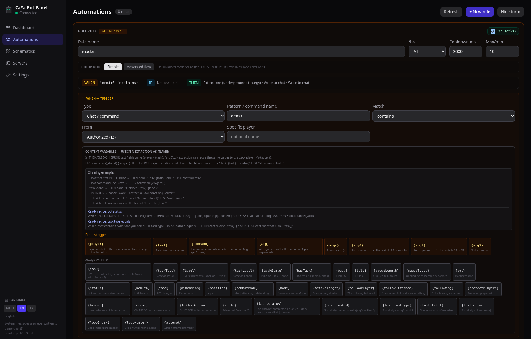 CaYa Bot Panel advanced automation rule editor