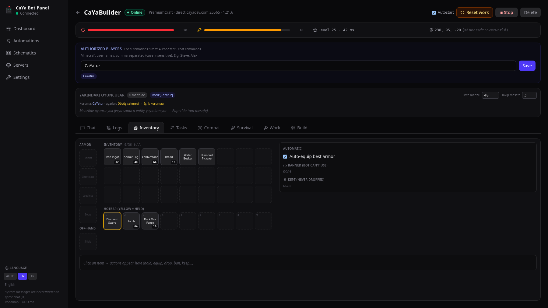 CaYa Bot Panel dashboard and advanced automation overview