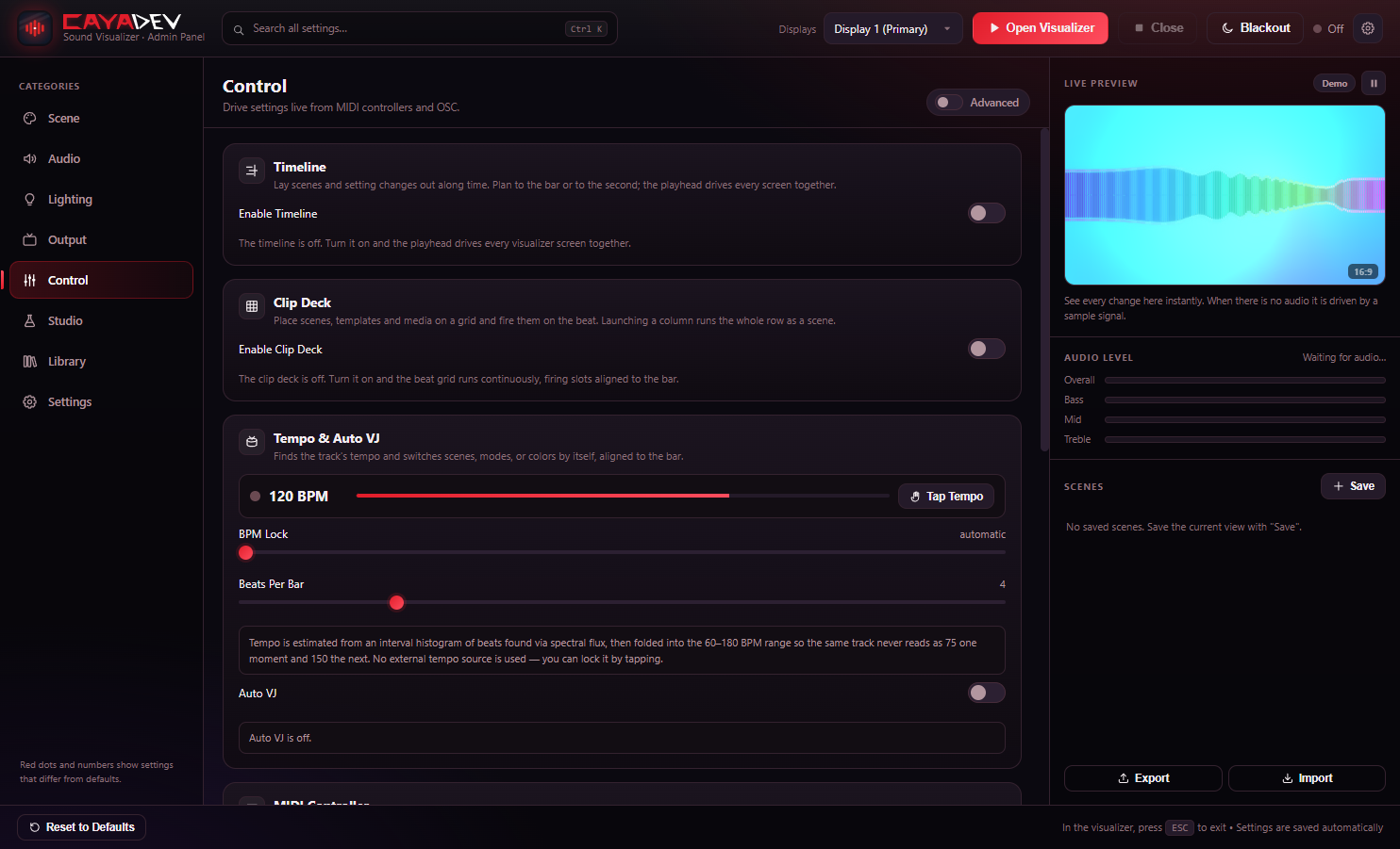 MIDI, OSC and MCP on the Control page