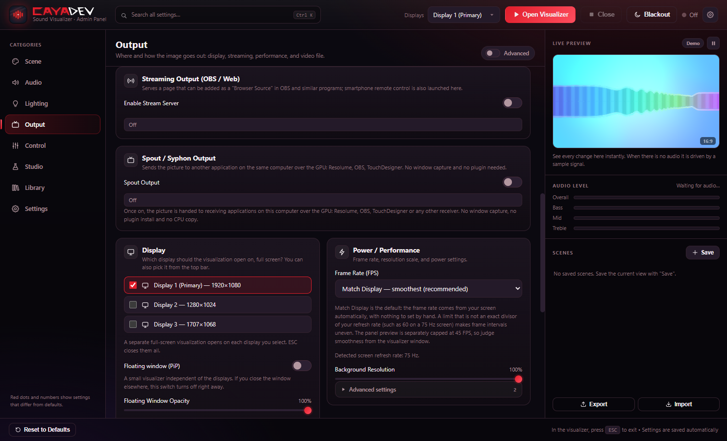 Output page: streaming, Spout and Syphon, displays and the floating window