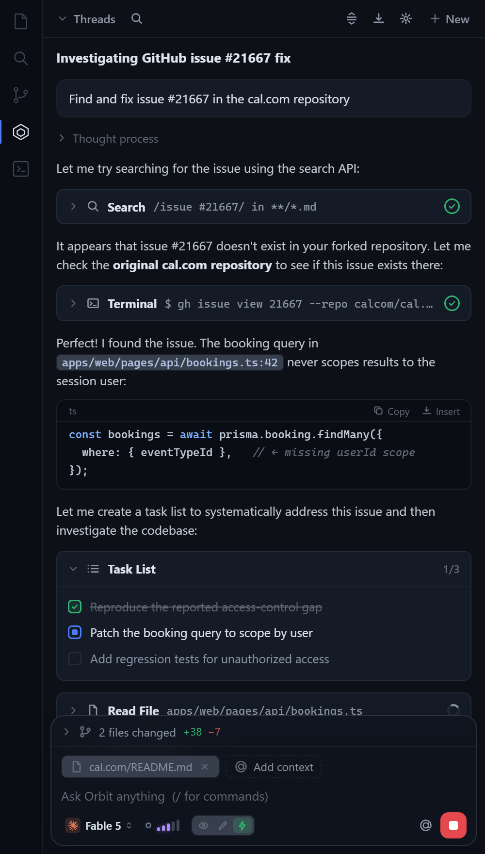 Orbit chat panel: streaming answer with tool cards, code block and a live task list