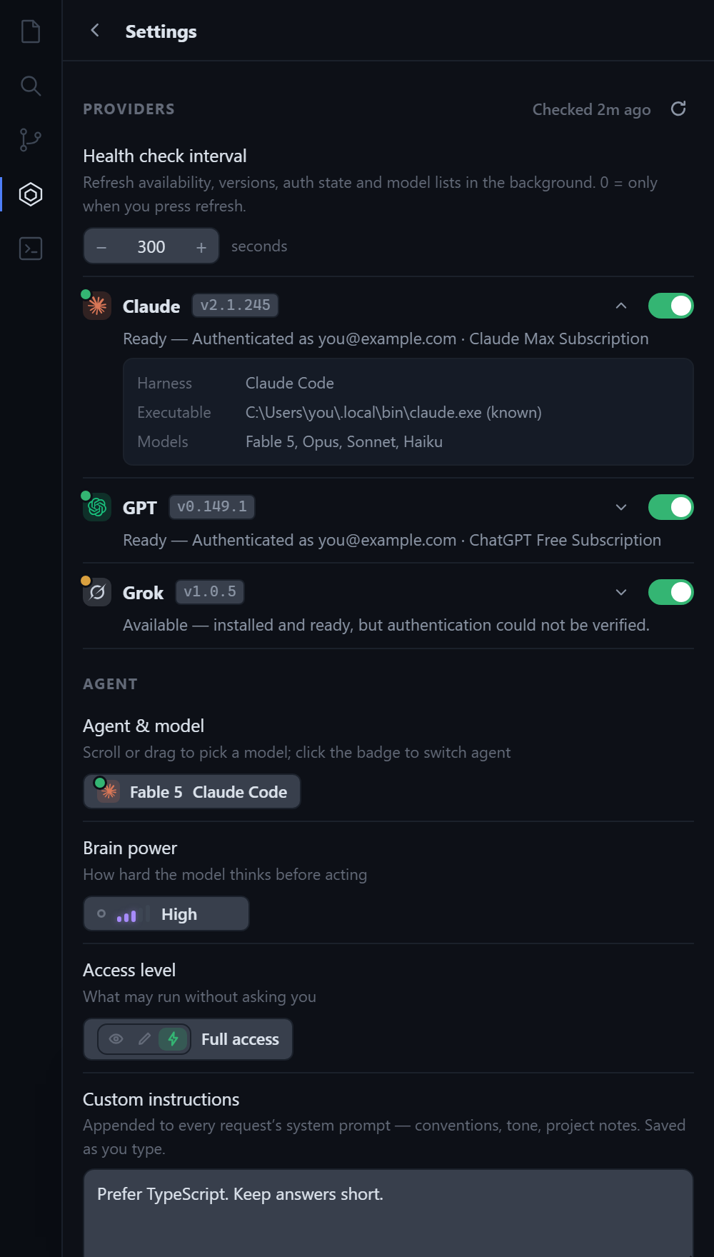 Orbit settings: provider health, versions, auth state, brain power and access level