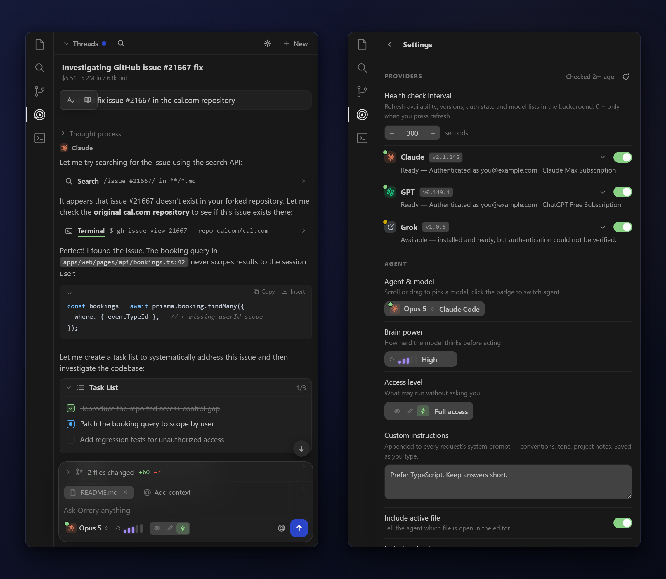 Orrery — the chat panel and the settings panel side by side