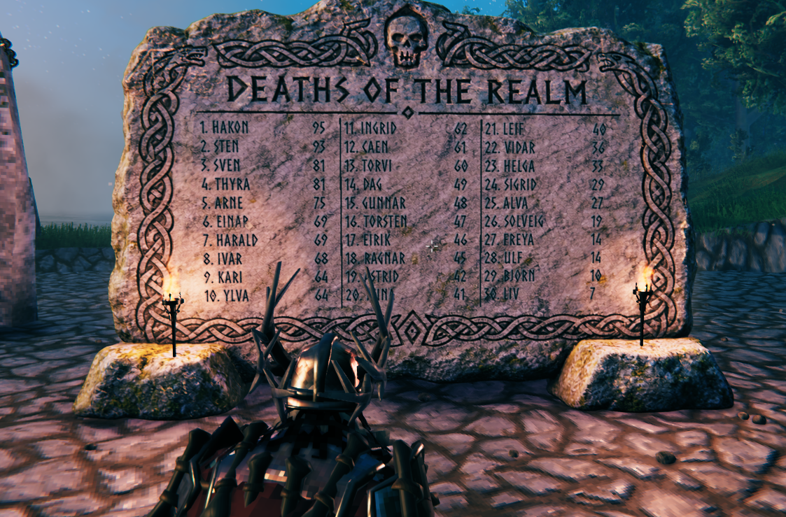 Deaths of the Realm carved memorial stone showing player death totals