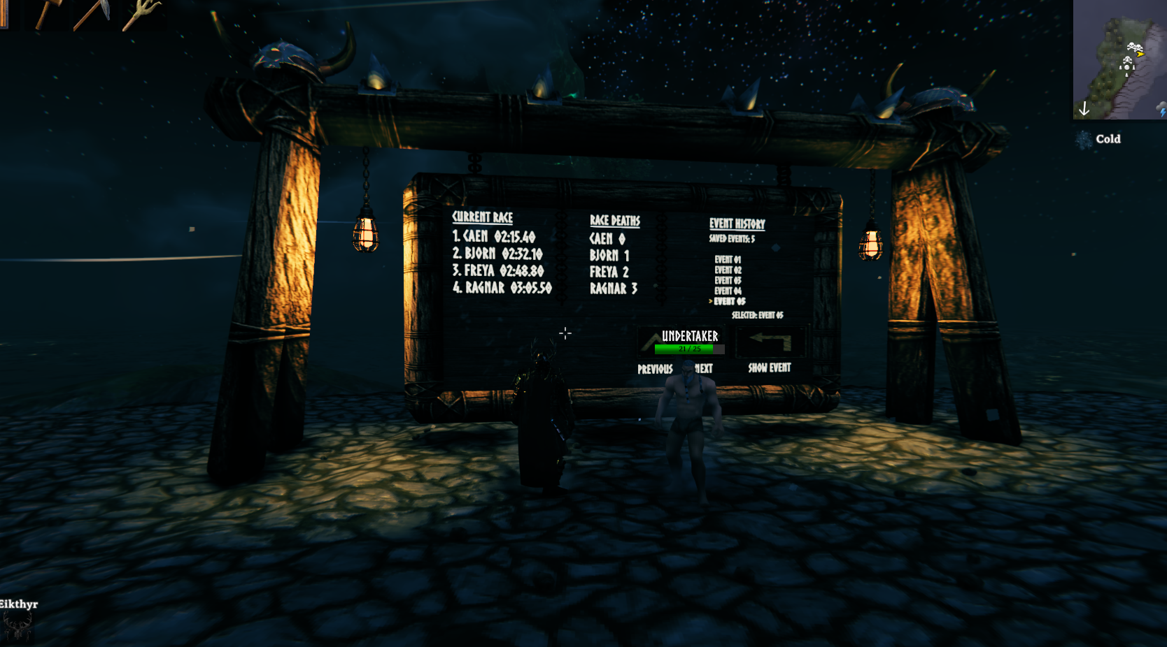 Moonforged event scoreboard with race standings, race deaths and event history