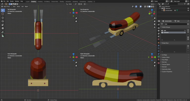 My wienermobile model in Blender.