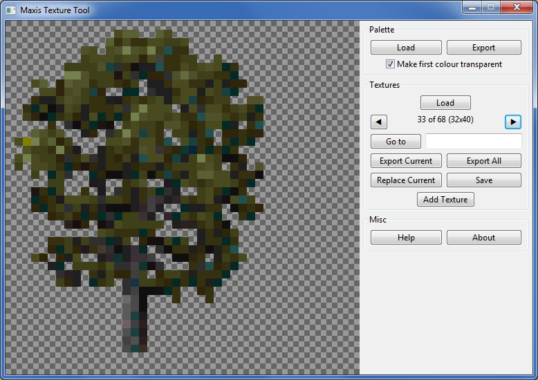 A screenshot of the Maxis Texture Tool viewing one of the tree textures from SimCopter.