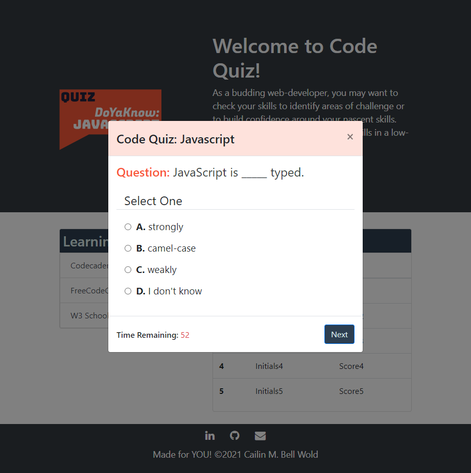 My code quiz, including questions, options, and timer.