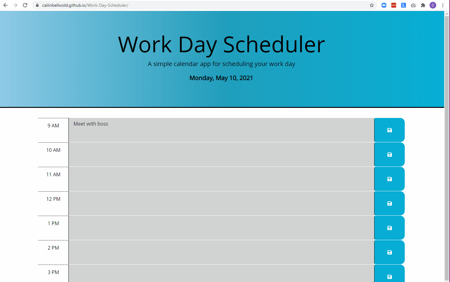 My work day scheduler, including date, timeblocks, and save-buttons.