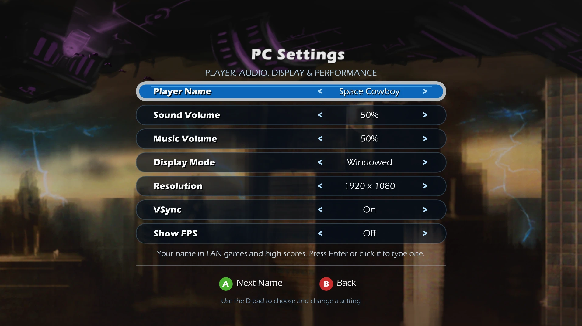 Tela de configurações com resolução, VSync e áudio no port de Windows