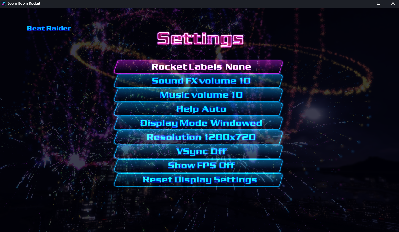 Menu de configurações do port Boom Boom Rocket para Windows com opções de resolução e VSync