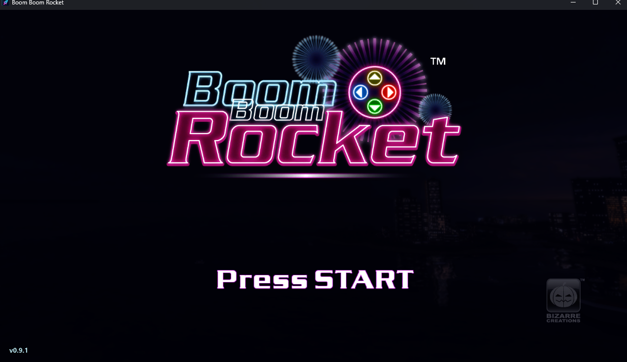 Tela inicial do port Boom Boom Rocket 0.9.1 para PC com indicação da versão