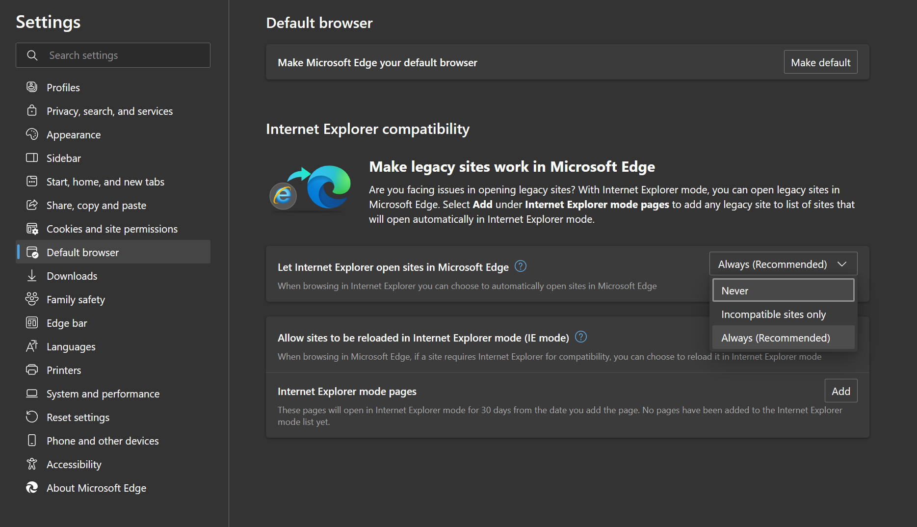 "Let Internet Explorer open sites in Microsoft Edge" Setting