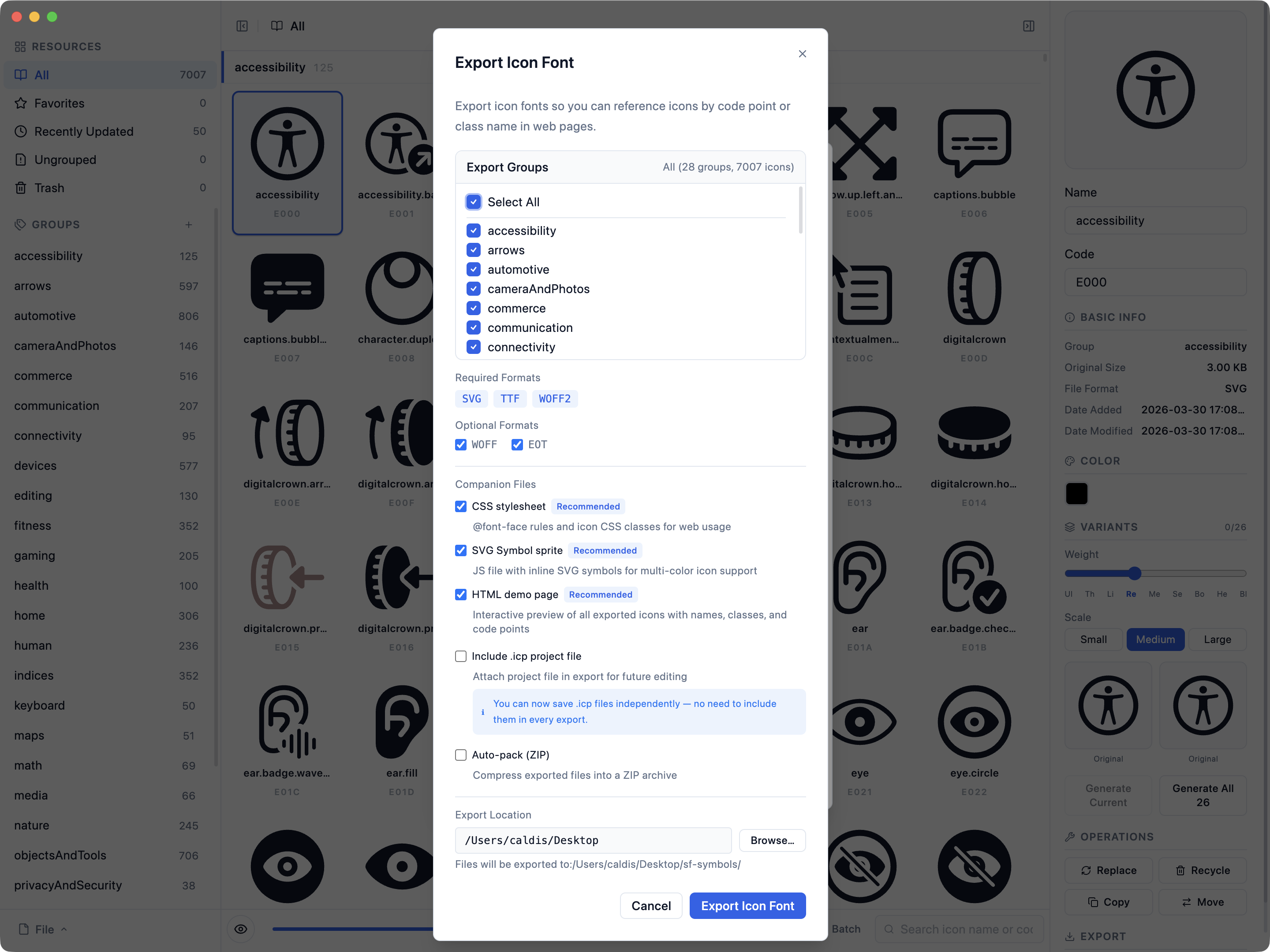 Export icon font dialog — choose formats and output path