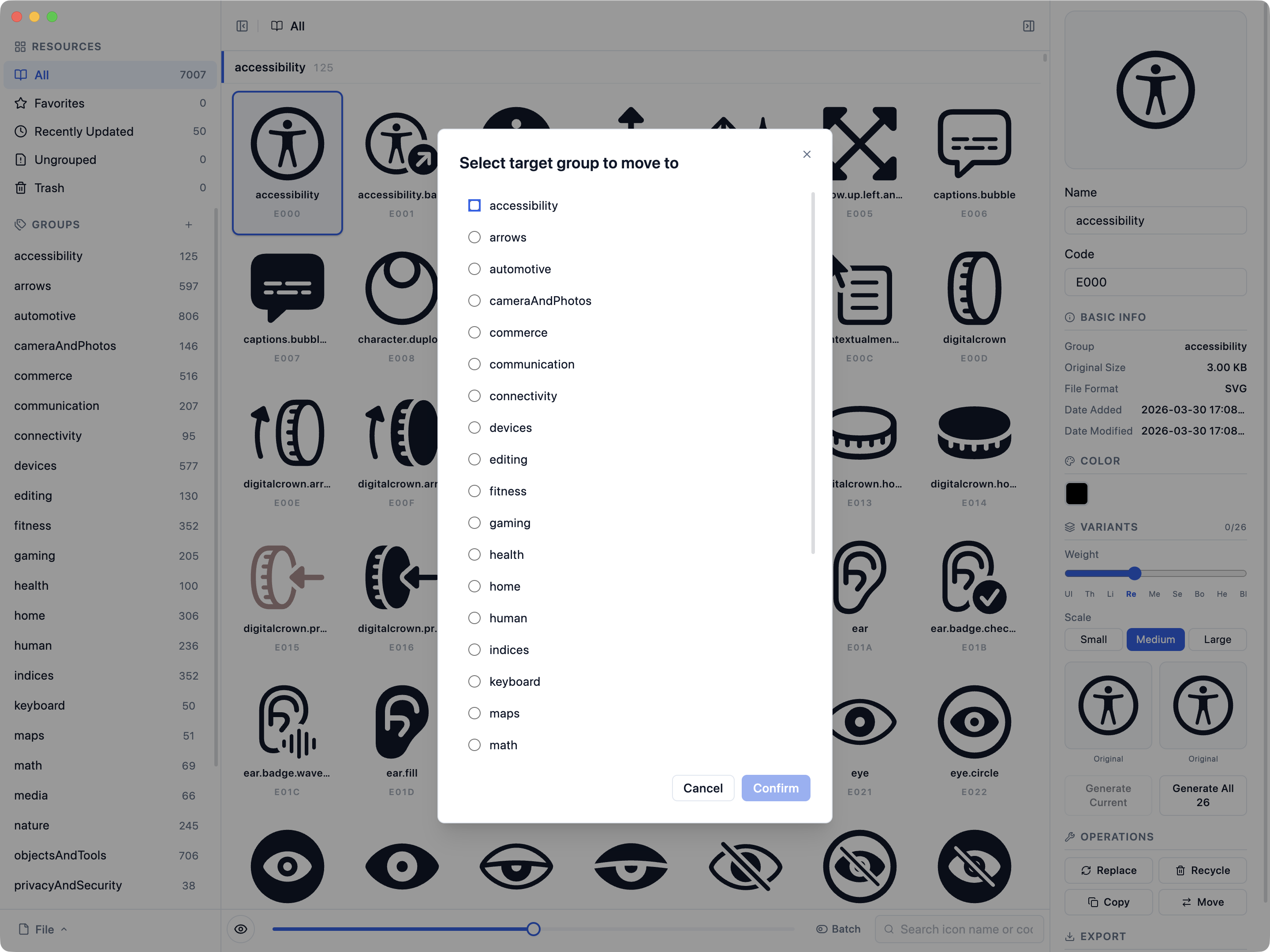 Move icons to target group — select from groups like accessibility, arrows, automotive