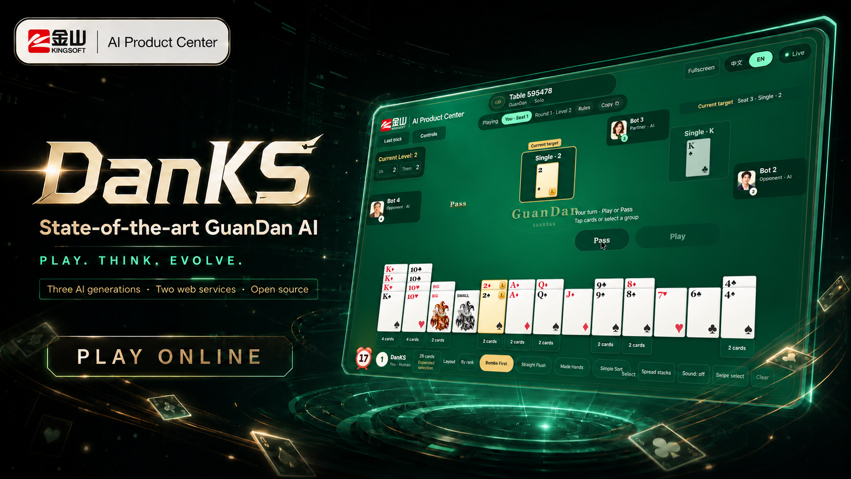 DanKS promotional hero with the Kingsoft AI Product Center logo and online GuanDan table