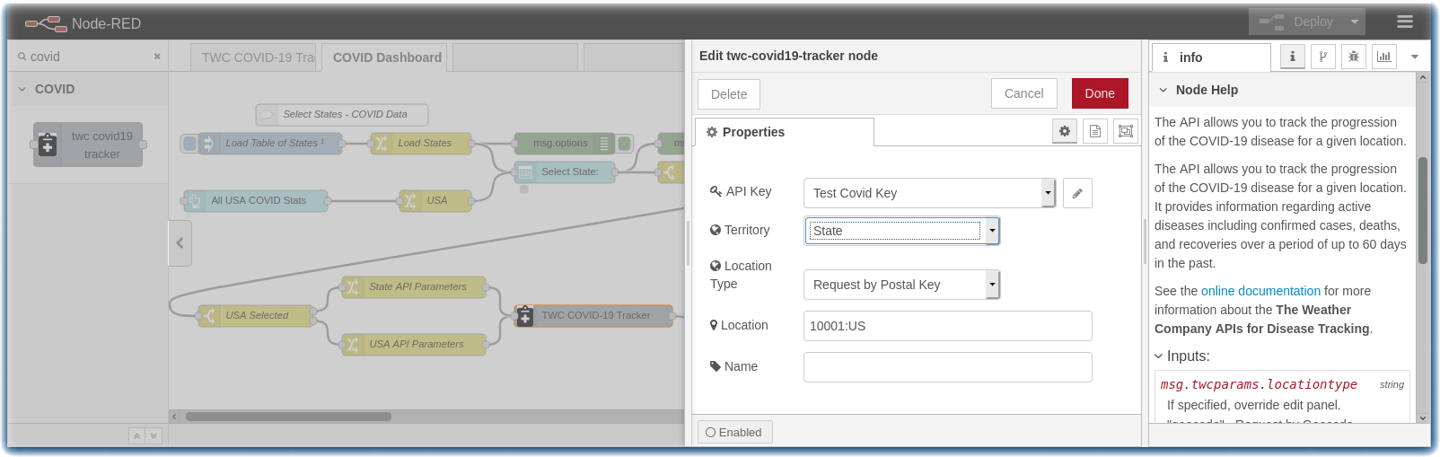 node-red-contrib-twc-covid19-tracker node properties