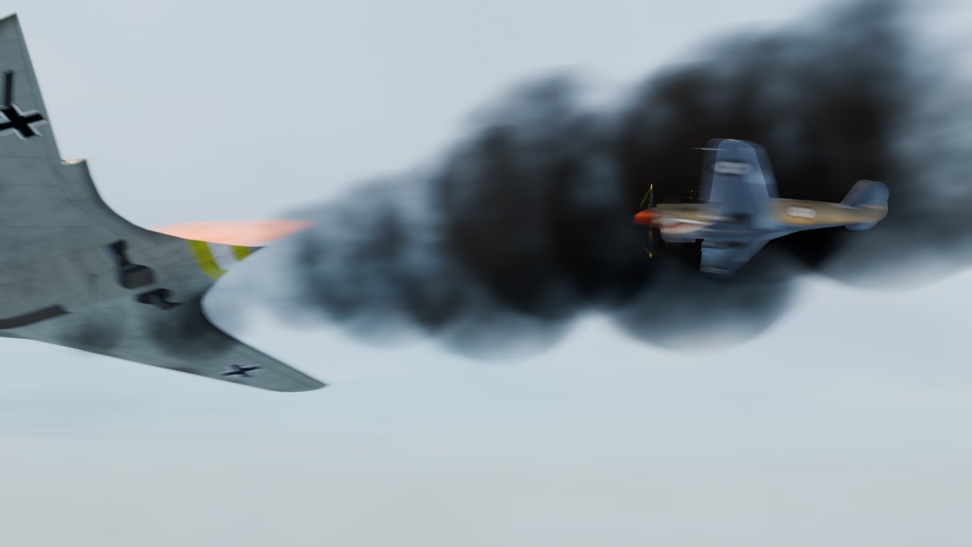 Two aircraft in a generated Blender dogfight scene with smoke and motion blur