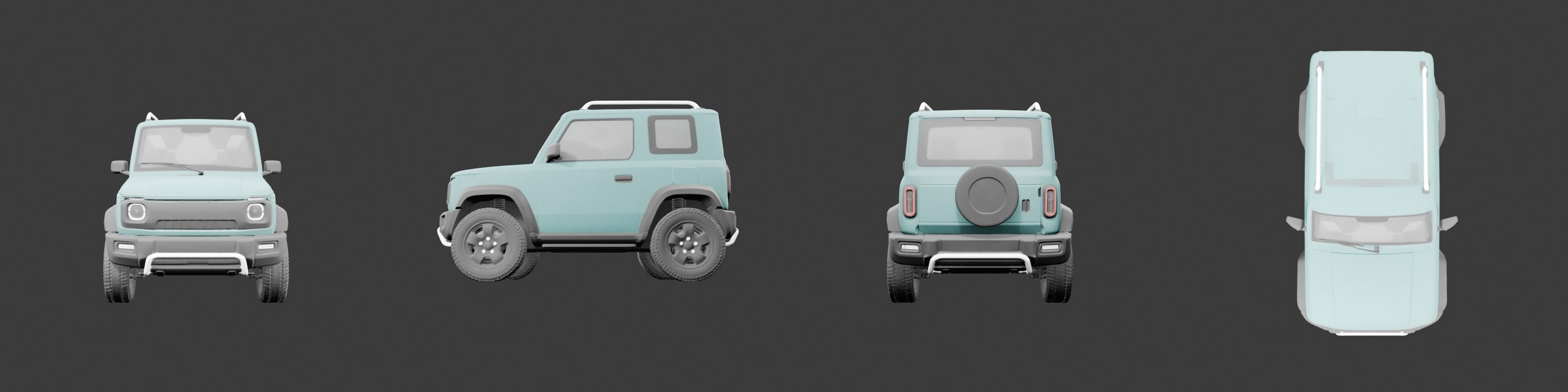Sanitized front, side, rear, and top evidence from the paid Meshy multi-image vehicle run