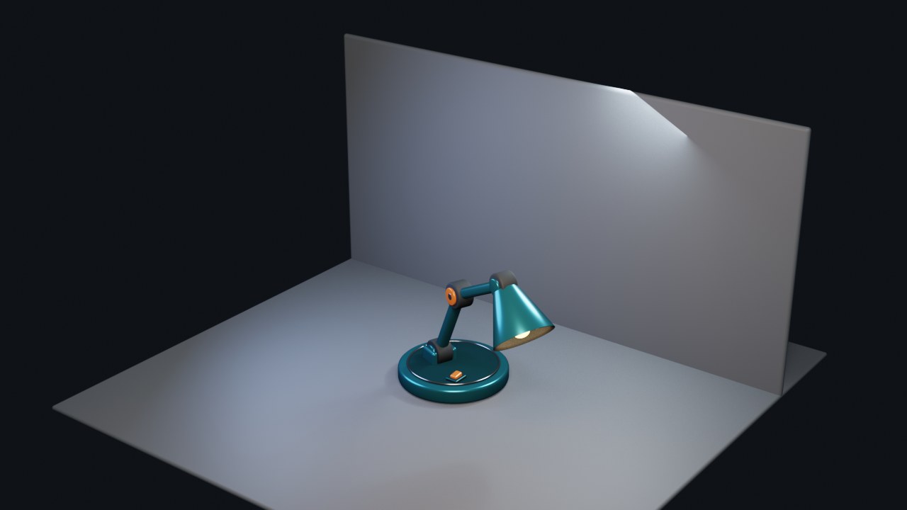 Material render of a teal desk lamp scene