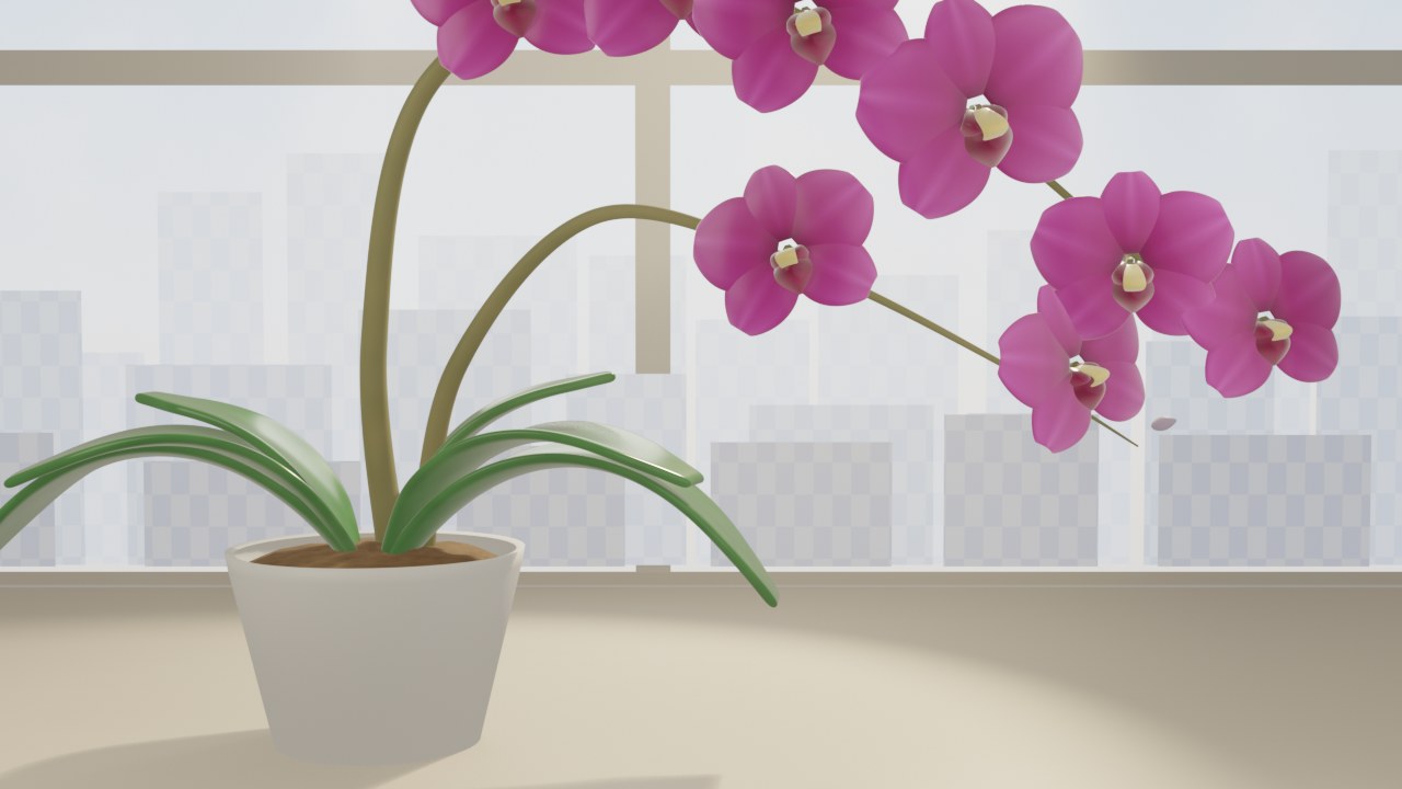 Material render of a pink orchid in front of a bright window