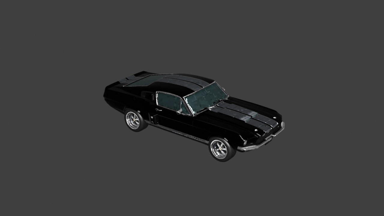 Material render of a black fastback car model with silver stripes