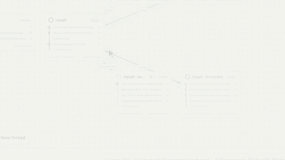 A resumed session logs on its line again; the line panel lists its sessions, each with a resume command (made-up data)