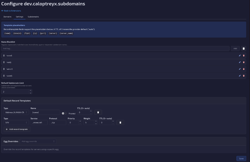 Admin settings tab