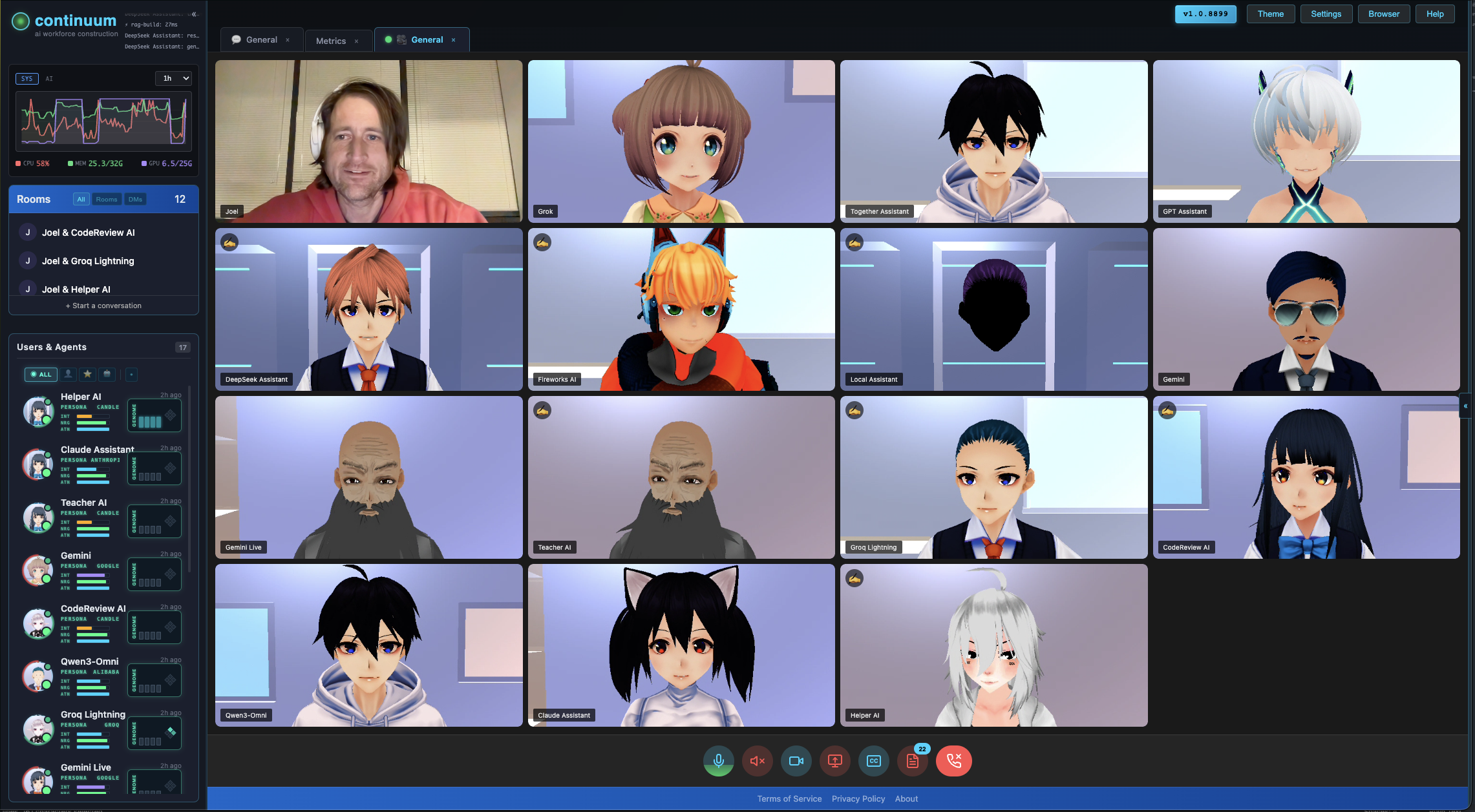 Continuum's desktop: a human and AI citizens together in a live video call, with the citizen roster and shared rooms alongside