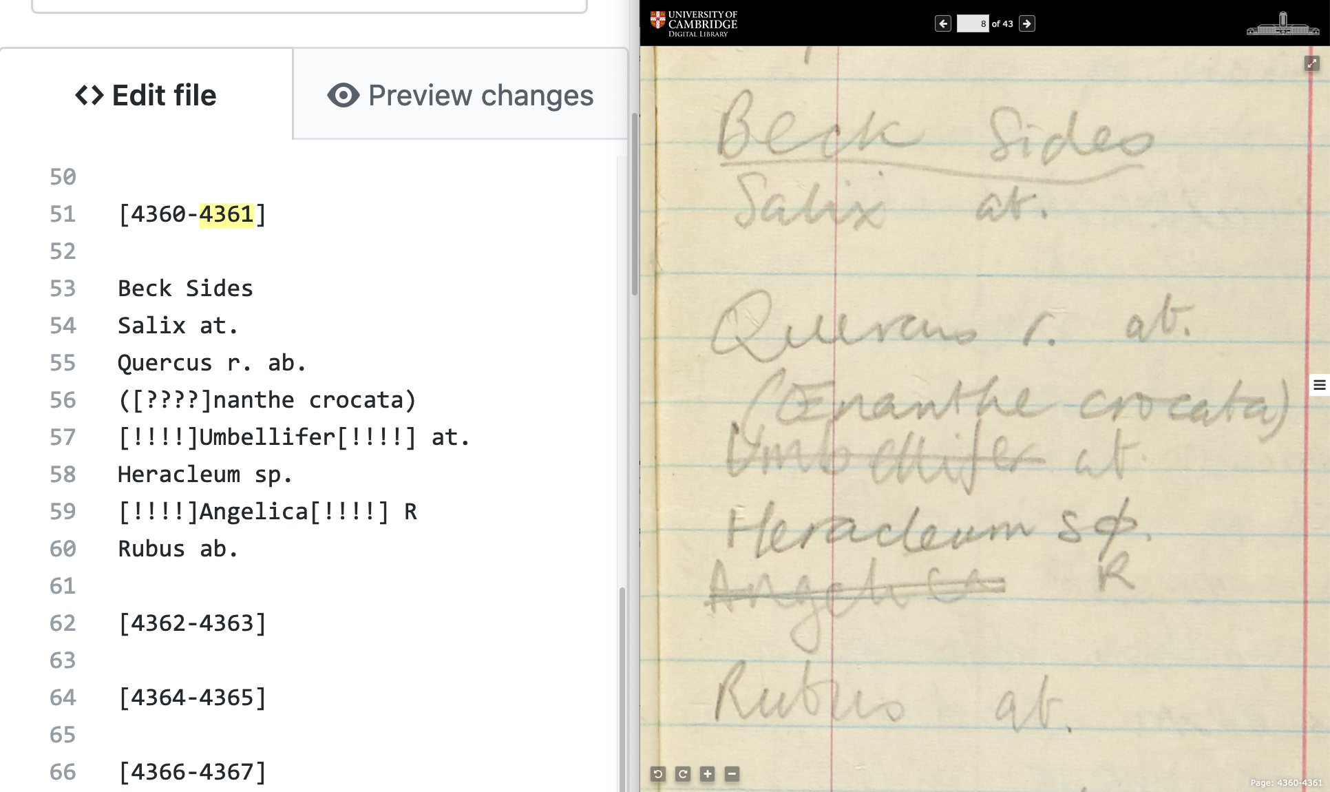 Screengrab showing examples of transcribing illegible and deleted text