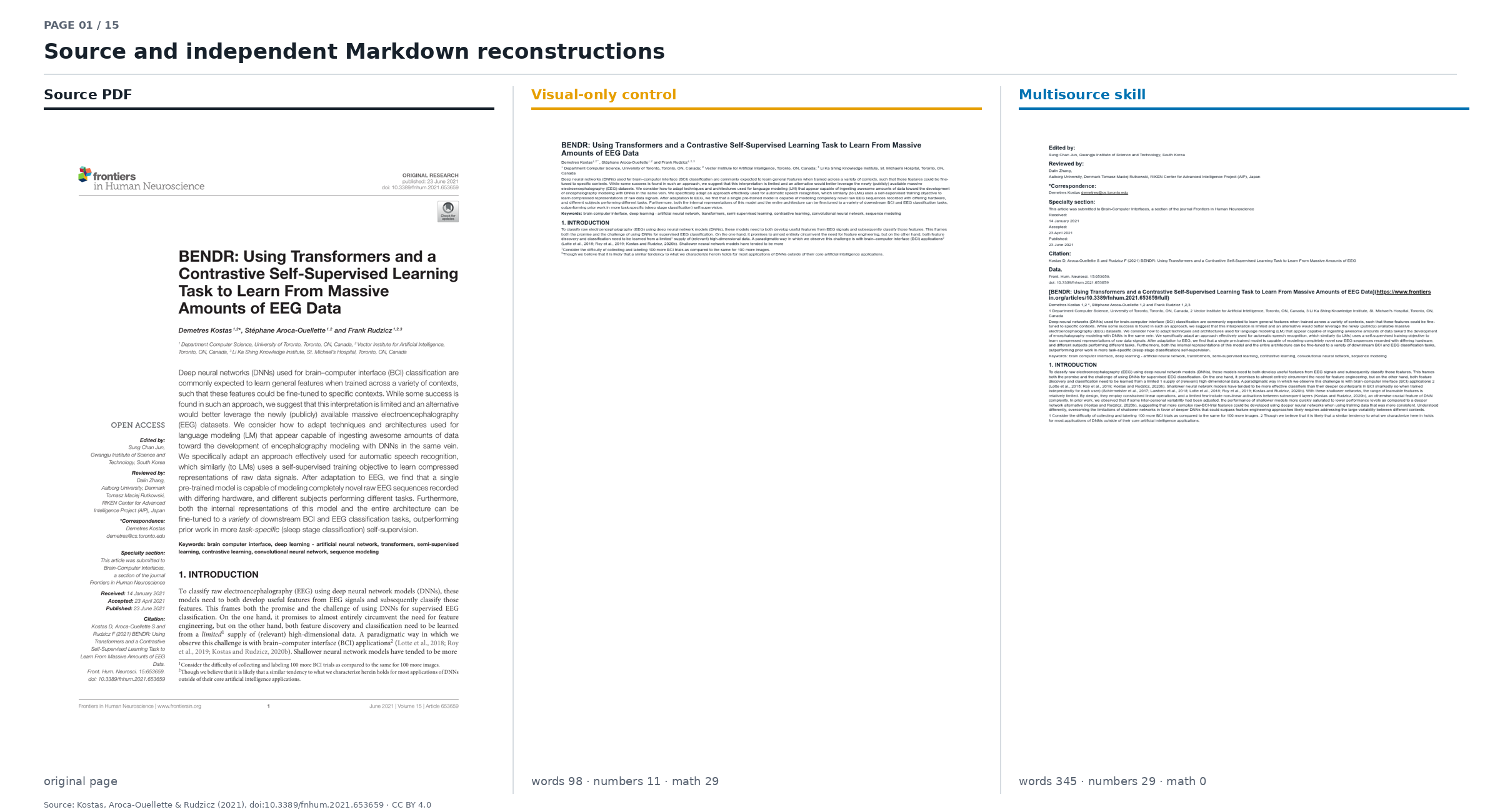 Page 1 source and Markdown comparison