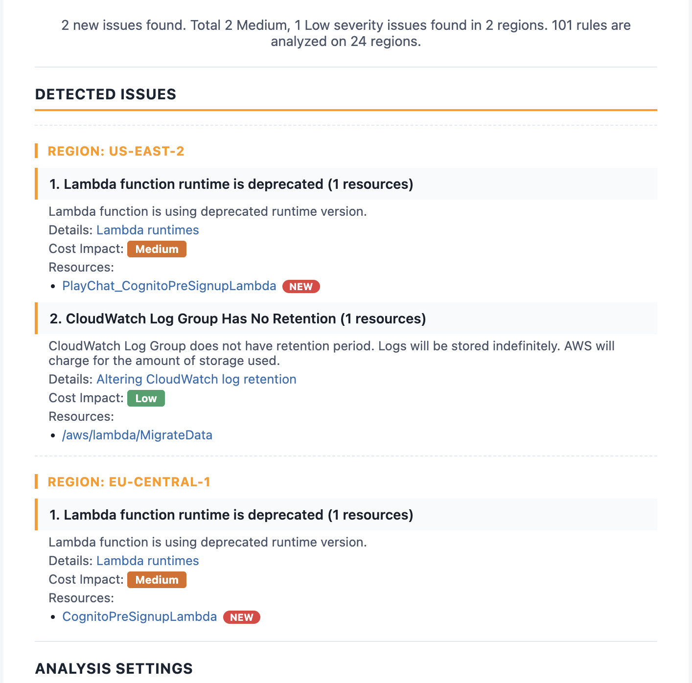 CloudSavvy sample report showing detected issues and analyzed resources