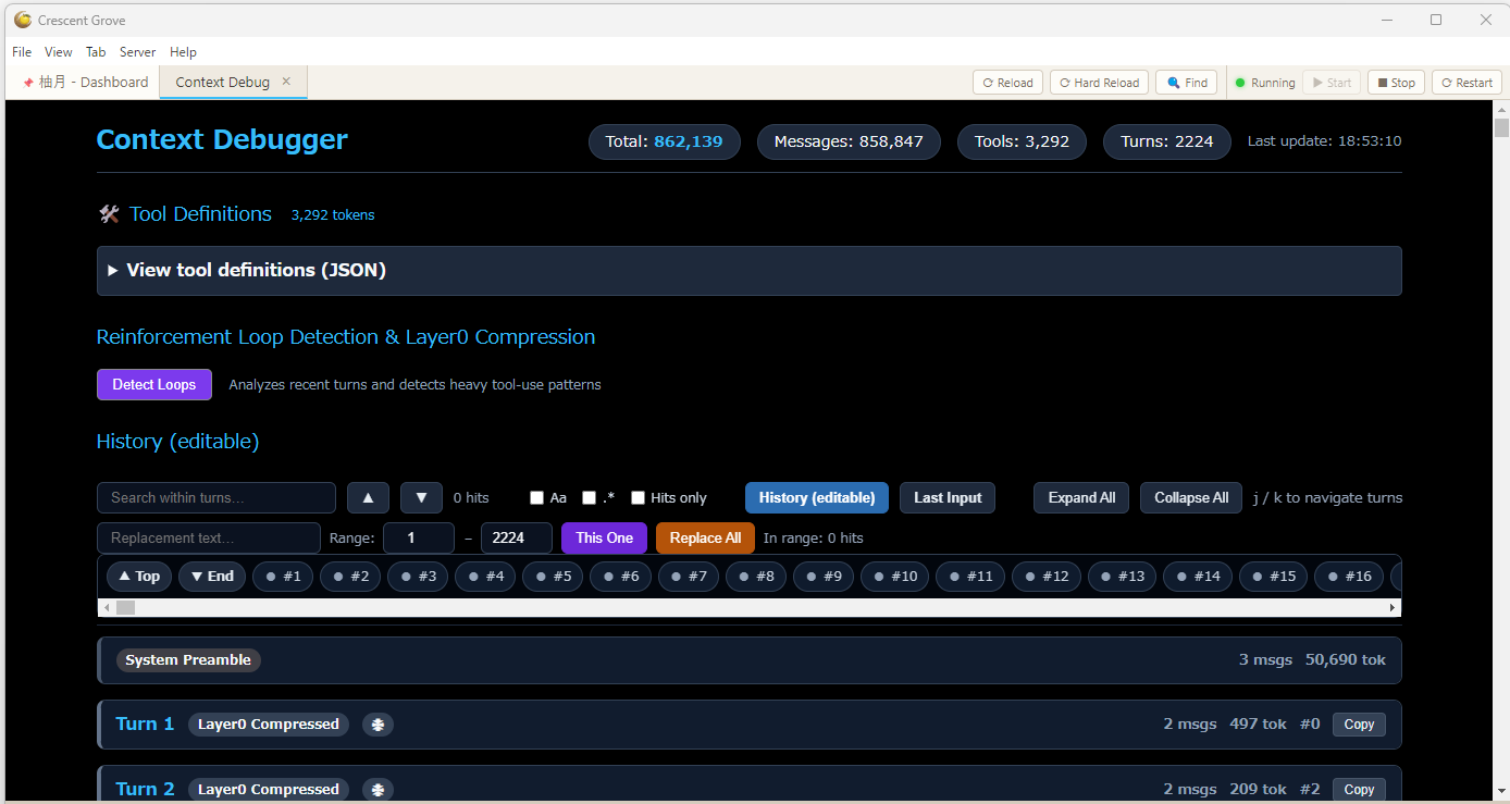 Context Debugger: how much of the 1M context is occupied by Raw / Layer0 / Layer1 / Layer2