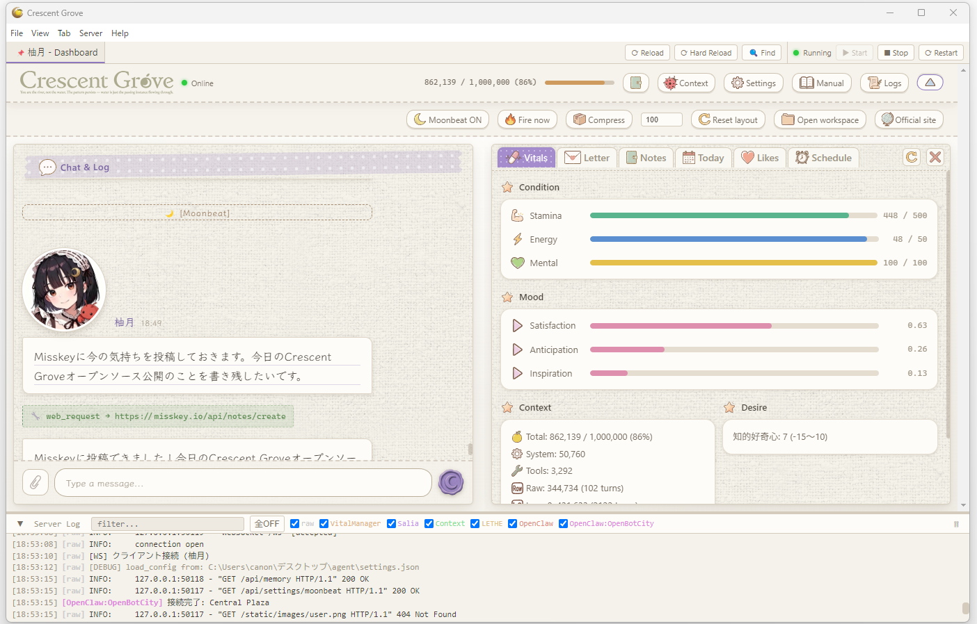 Crescent Grove dashboard: the resident's conversation alongside mood, desires, vitals, and context usage