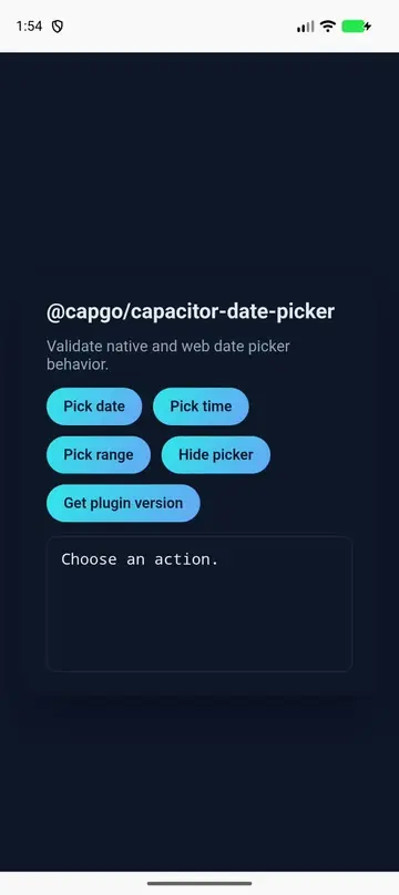Animated Android demo showing the native date picker opening, selecting a date, and closing