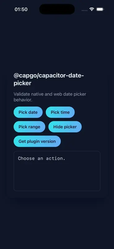 Animated iOS demo showing the native date picker opening, selecting a date, and closing