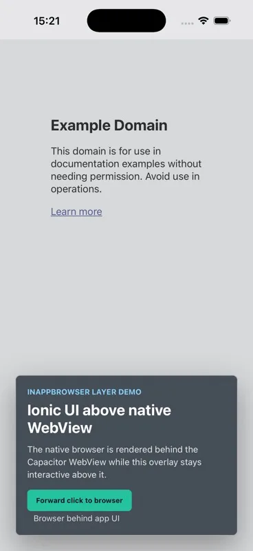 iOS example app showing a web page in the native browser with an Ionic overlay rendered above it