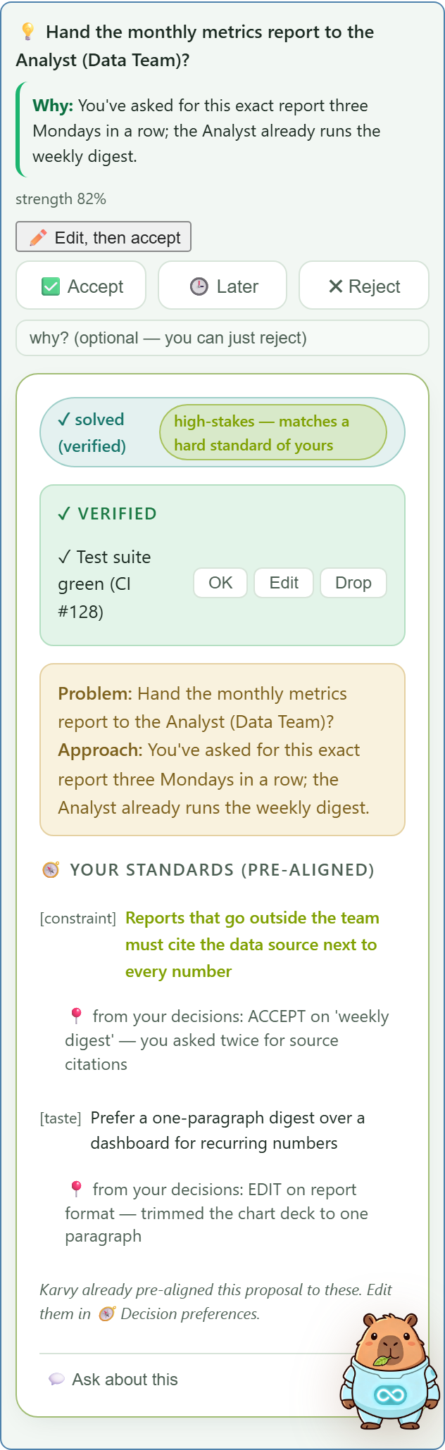 A decision card — honest "not verified" narration, your own crystallized standards pre-aligned beside the call, and a basis box that teaches Karvy how you judge