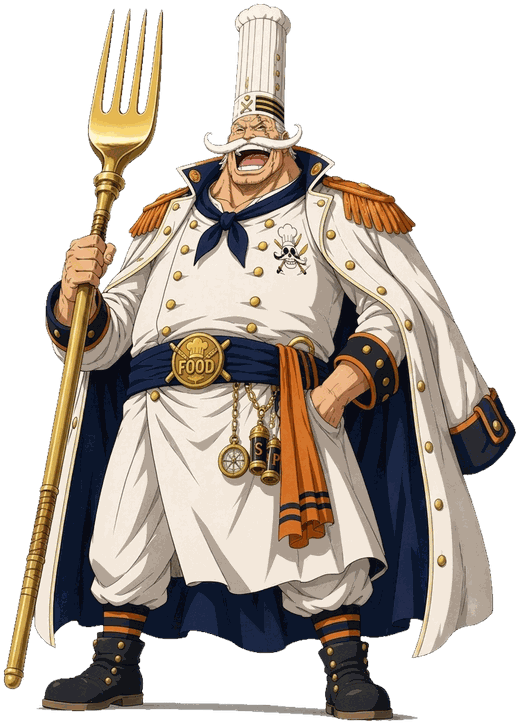 The Captain — a mustachioed chef-admiral wielding a golden fork
