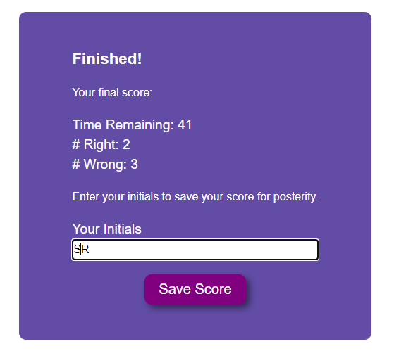 Screenshot of high score entry form