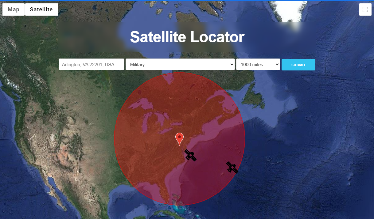 Application showing military satellites within a 1,000 mile radius of Arlington, VA, USA