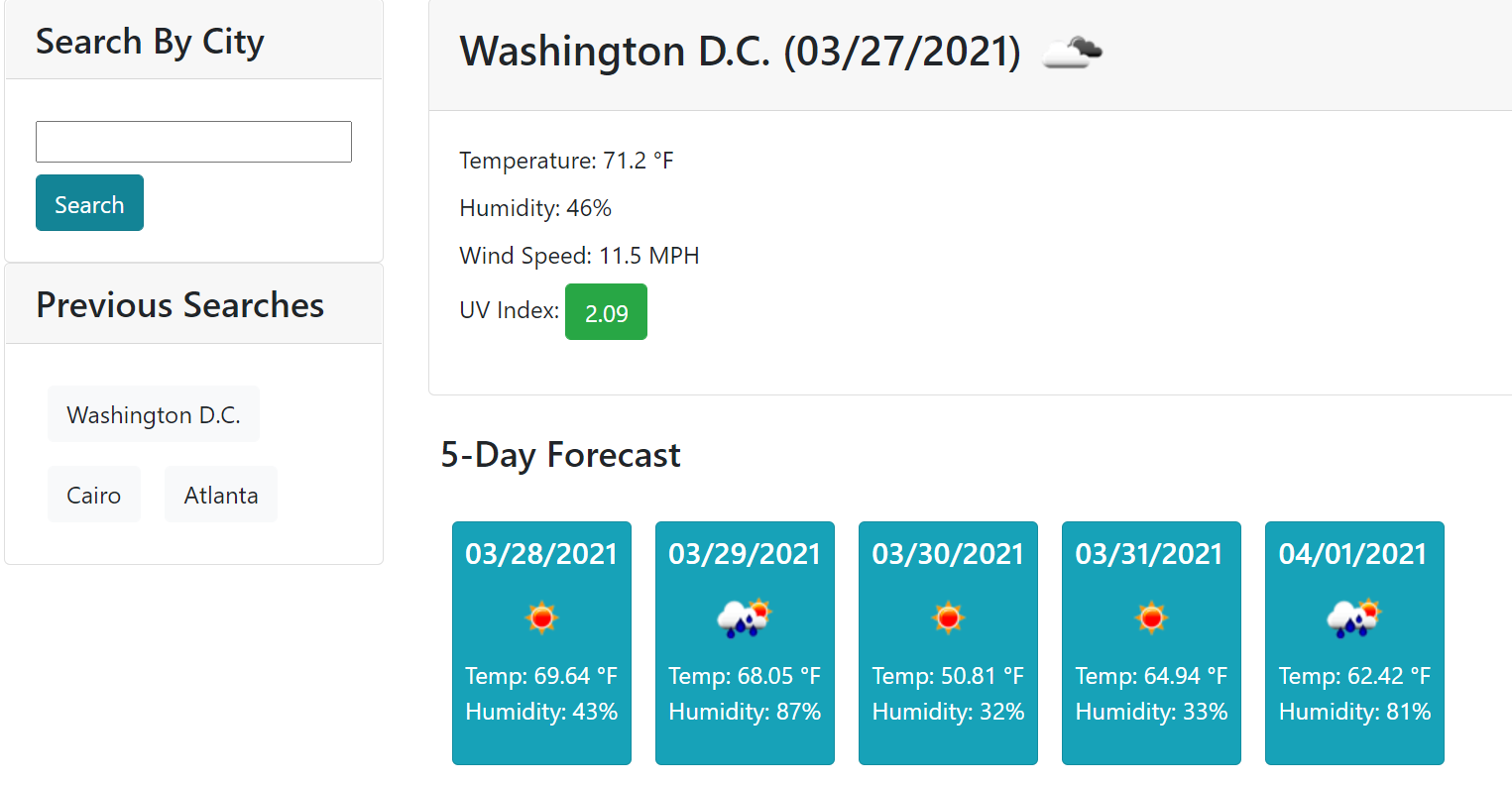 Screenshot of running application showing current weather and 5-day forecast for Washington D.C.