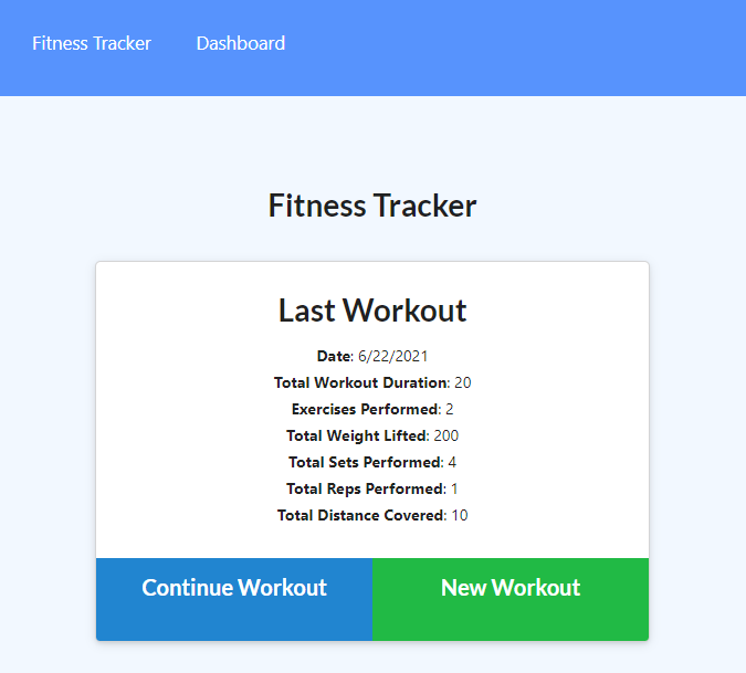 Home page showing stats of latest workout