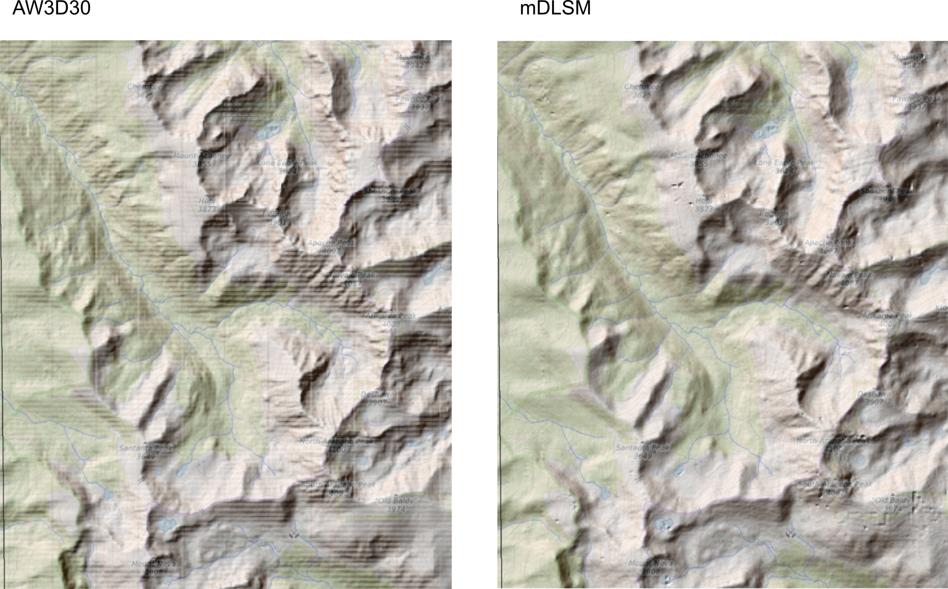 Comparison of the original AW3D30 vs the predicted Land Surface Model (mDLSM). Fitting a model to predict land surface model seems to solve the problem of artifacts / striping effects, but then it can introduce local artifacts in areas of higher vegetation and under-represented by training points.