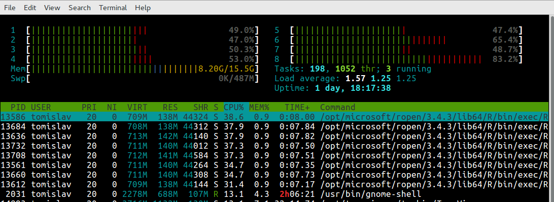 Fully parallelized computing using 8 cores. Displayed using htop software.