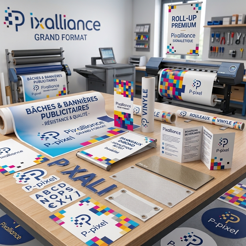 Exemples d'impression grand format Pixalliance : b&acirc;ches, banderoles, roll-up et panneaux Dibond