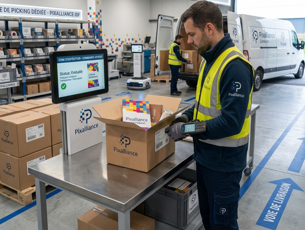 Livreur Pixalliance pr&eacute;parant une exp&eacute;dition, camionnette de livraison Pixalliance en arri&egrave;re-plan